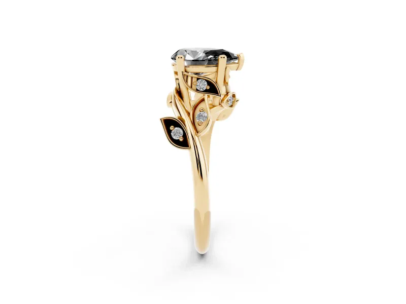 Fancy Black Pear Cut Diamond Solitaire Twist Engagement Ring Set in Yellow gold with Pavé Leaf Accents