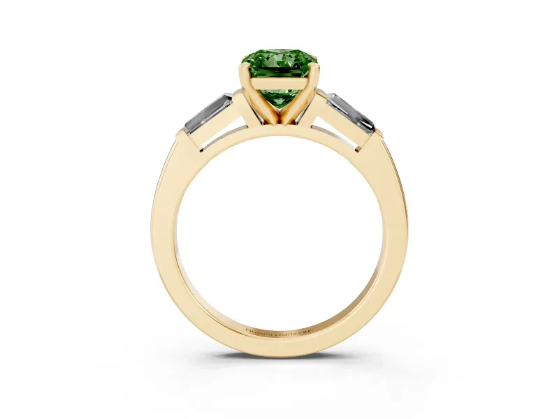 Fancy Green Radiant Cut Diamond Solitaire Ring Set in Yellow gold with Tapered Baguette Side Stones and Prong Setting