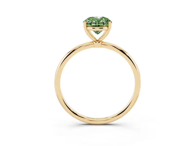 Fancy Green Oval Cut Diamond Solitaire Engagement Ring Set in Yellow gold with Thin Band and Prong Setting