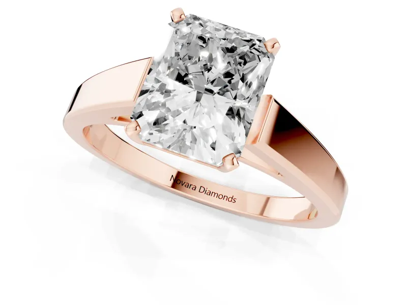 Radiant Cut Diamond Solitaire Engagement Ring Set in Rose gold with Prong Setting and Tapered Band
