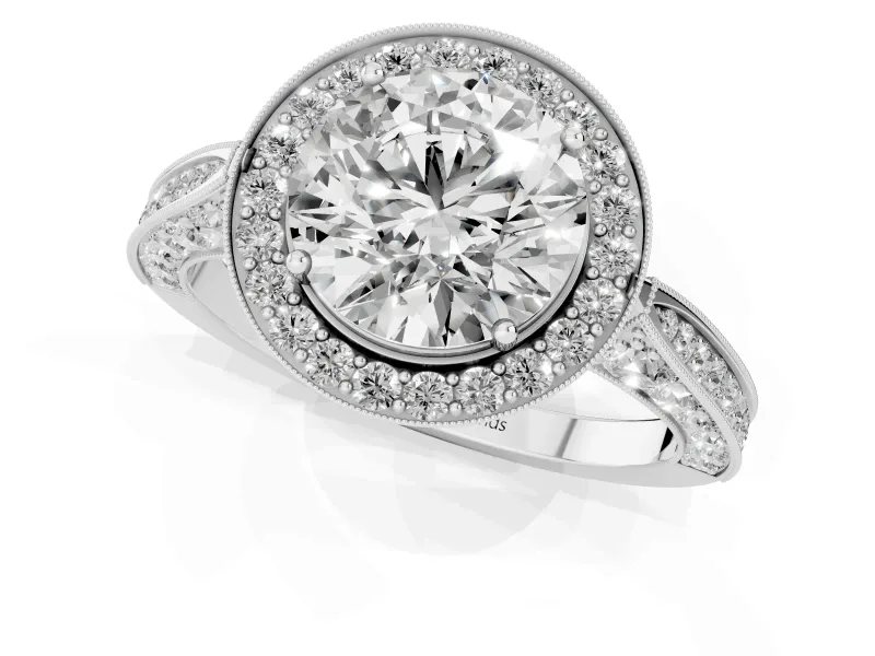 Round Vintage Milgrain Halo Engagement Ring Setting | Side Stones and Pave | White Gold