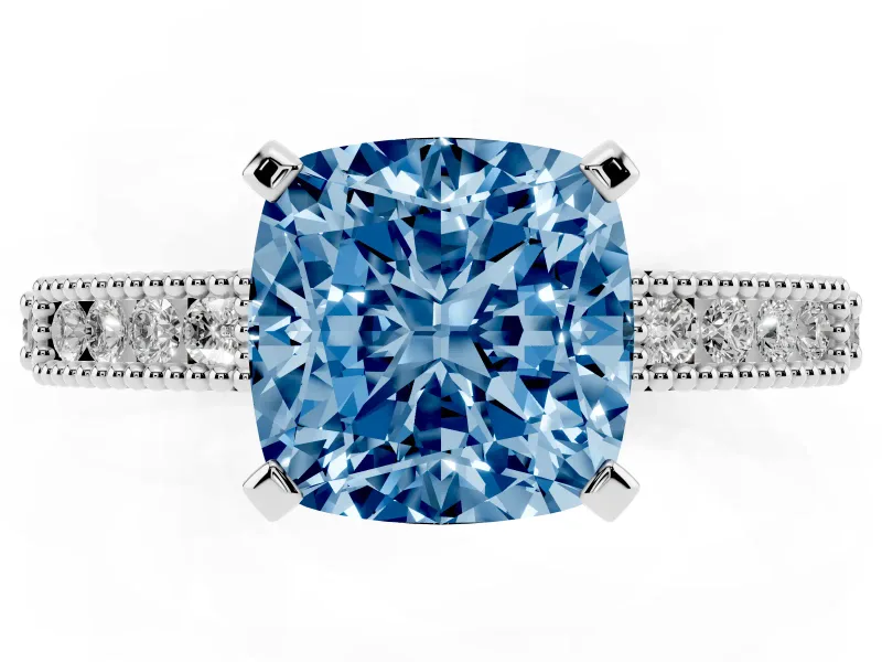 Fancy Blue Cushion Cut Diamond Solitaire Ring Set in Silver with Slim Pavé Band and Prong Setting