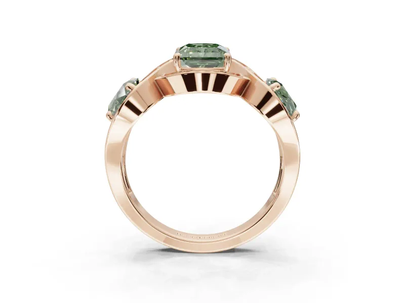 Radiant Cut Three Stone Halo Engagement Ring Setting for a Fancy Green Lab-Grown Diamond | Pavé Wave Band | Rose Gold