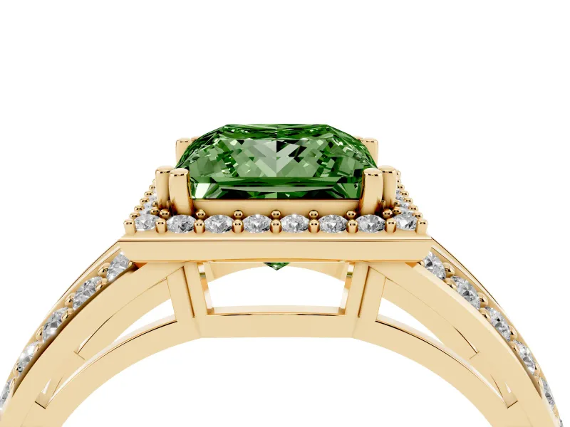 Princess Cut Halo Engagement Ring Setting for a Fancy Green Lab-Grown Diamond | Two-Row Pave Split Shank | Yellow Gold