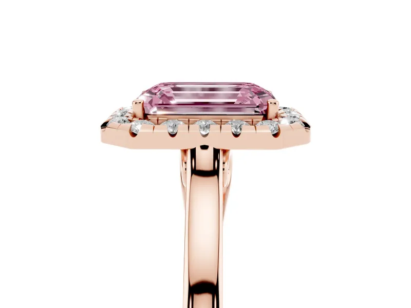 Fancy Pink Emerald Cut Halo Round Diamond Solitaire Ring Set in Rose gold with Pavé Band and Prong Setting
