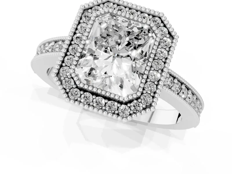 Radiant Cut Diamond Halo Engagement Ring Set in Platinum with Pavé Band and Round Halo Stones