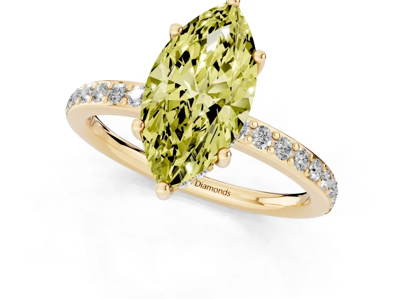 Fancy Yellow Marquise Cut Diamond Pavé Band Ring Set in Yellow gold with Prong-Set Center Stone