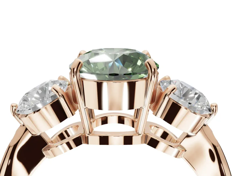 Round Three Stone Engagement Ring Setting for a Fancy Green Lab-Grown Diamond | Tapered Pave Band | Rose Gold