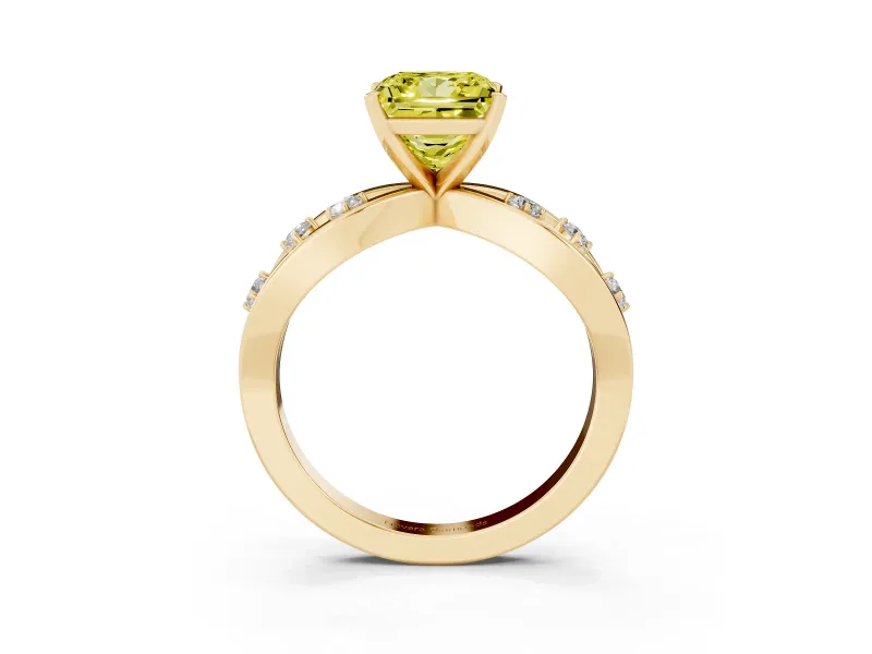 Fancy Yellow Princess Cut Diamond Solitaire Ring Set in Yellow gold with Side Stones on Criss-Cross Band and Prong Setting