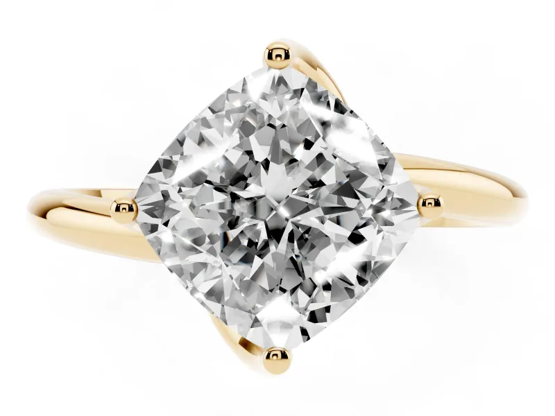 Cushion Cut Bypass Solitaire Engagement Ring Setting | Plain Band | Yellow Gold