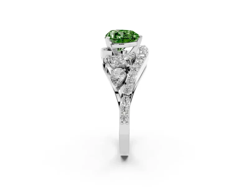 Fancy Green Heart Cut Diamond Halo Ring Set in Silver with Marquise and Pavé Band in Prong Setting