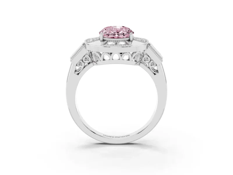 Fancy Pink Oval Cut Diamond Milgrain Halo Ring Set in Silver with Split Shank