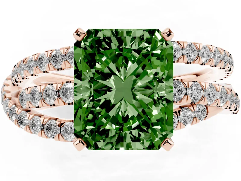 Radiant Cut Twisted Pavé Engagement Ring Setting for a Fancy Green Lab-Grown Diamond | Rose Gold