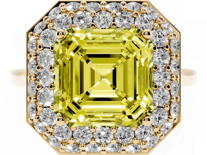 Fancy Yellow Asscher Cut Diamond Halo Engagement Ring Set in Yellow gold with Solitaire Band and Prong Setting