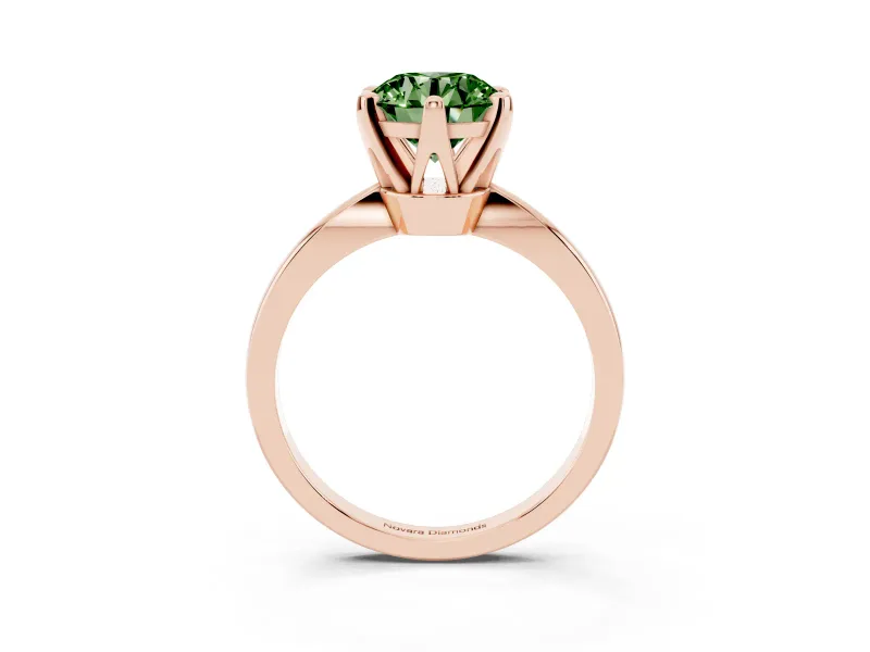 Fancy Green Round Cut Diamond Solitaire Engagement Ring Set in Rose gold with Slim Tapered Solitaire Band