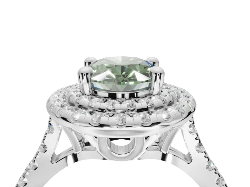 Oval Double Halo Engagement Ring Setting for a Fancy Green Lab-Grown Diamond | Pave Shoulders | Platinum