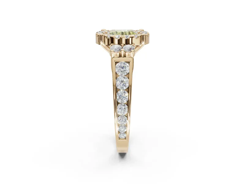 Round Halo Engagement Ring Setting for a Fancy Yellow Lab-Grown Diamond | Graduated Channel Band | Yellow Gold