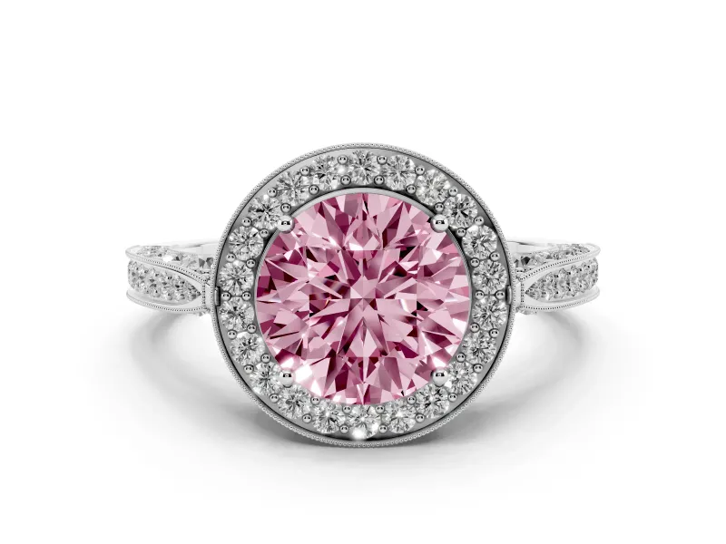 Fancy Pink Round Cut Diamond Halo Engagement Ring Set in White gold with Accent Split Shank Band