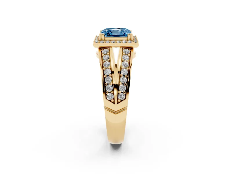 Asscher Cut Halo Engagement Ring Setting for a Fancy Blue Lab-Grown Diamond | Two-Row Pave Split Shank | Yellow Gold