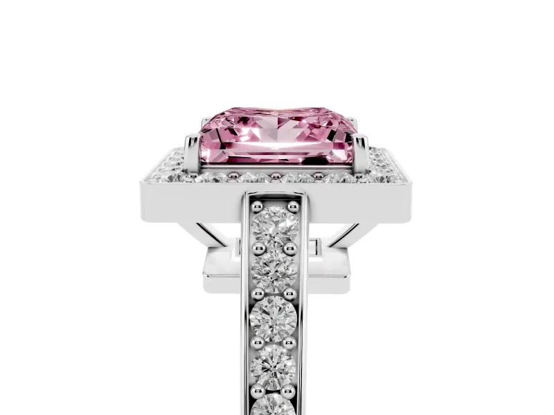 Fancy Pink Princess Cut Diamond Halo Pavé Engagement Ring Set in Silver with Bezel Setting