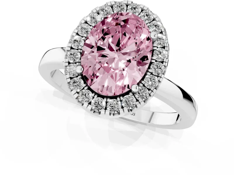 Fancy Pink Oval Cut Diamond Halo Solitaire Ring Set in Platinum with Pavé Band and Prong Setting