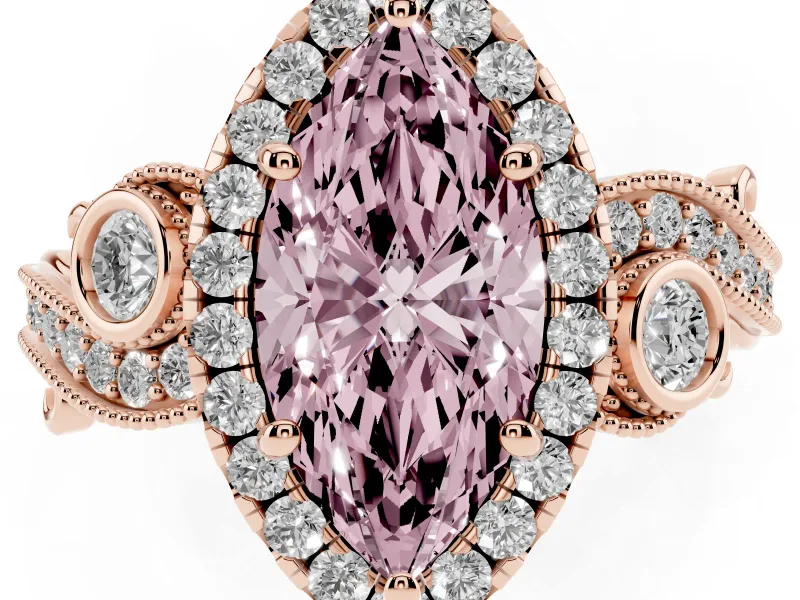 Marquise Vintage Halo Engagement Ring Setting for a Fancy Pink Lab-Grown Diamond | Bezel Shoulder Accents | Rose Gold