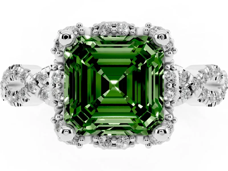 Fancy Green Asscher Cut Diamond Halo Twist Band Solitaire Ring Set in White gold with Prong-Set Center Stone