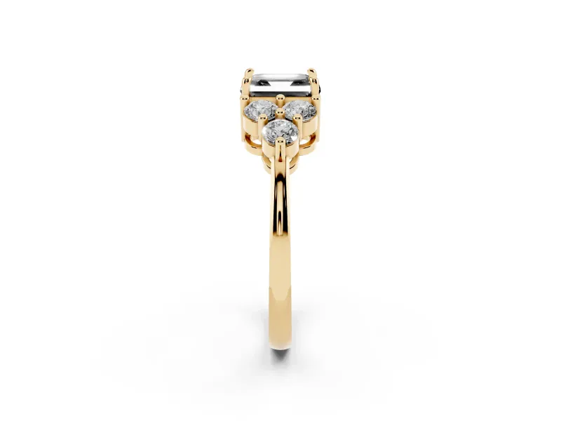 Fancy Black Asscher Cut Diamond Solitaire Ring Set in Yellow gold with Cluster Accents on Each Side