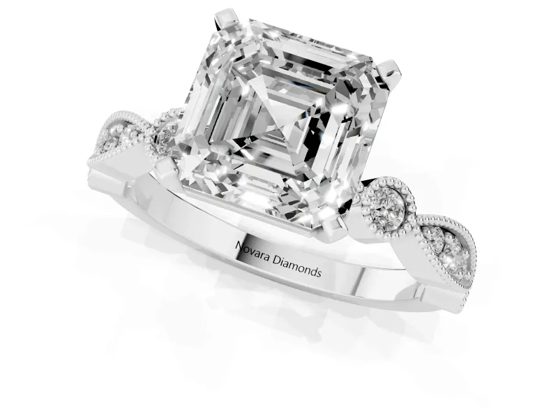 Asscher Cut Vintage Milgrain Solitaire Engagement Ring Setting | Bezel Accents | White Gold