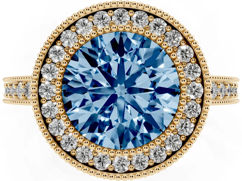 Round Milgrain Halo Engagement Ring Setting for a Fancy Blue Lab-Grown Diamond | Pave Band | Yellow Gold
