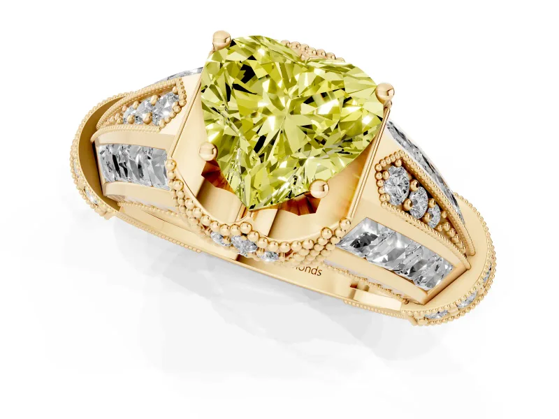 Fancy Yellow Heart Cut Diamond Vintage-Inspired Milgrain Ring Set in Yellow gold with Accent Split Shank