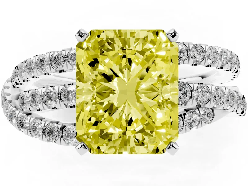 Fancy Yellow Radiant Cut Diamond Solitaire Twist Band Ring Set in White gold with Pavé Setting and Prong Head