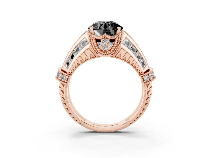 Fancy Black Round Cut Diamond Vintage-Inspired Milgrain Ring Set in Rose gold with Accent Split Shank