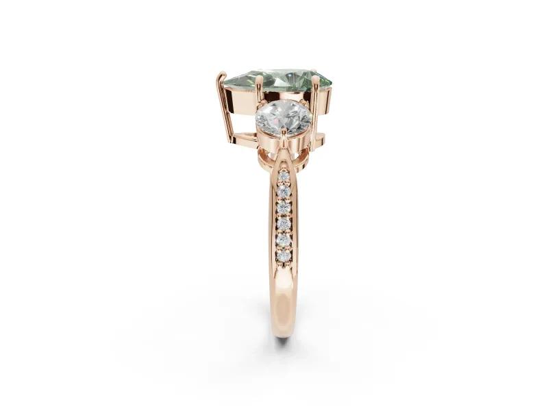 Pear-Shaped Three Stone Engagement Ring Setting for a Fancy Green Lab-Grown Diamond | Tapered Pave Band | Rose Gold