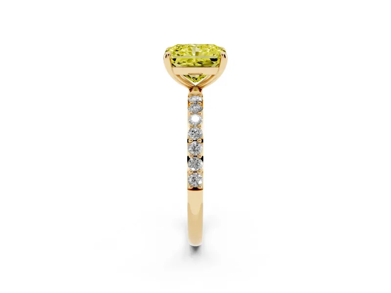 Radiant Cut Pave Solitaire Engagement Ring Setting for a Fancy Yellow Lab-Grown Diamond | Pave Shoulders | Yellow Gold