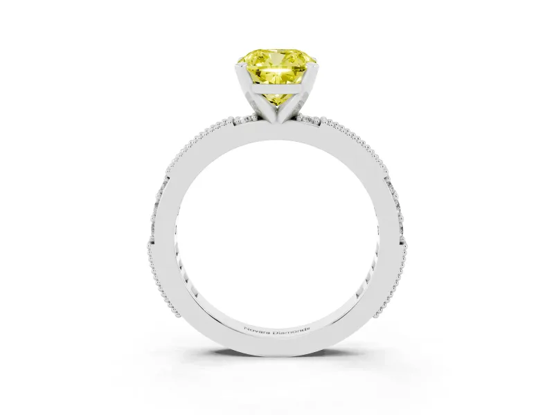 Fancy Yellow Cushion Cut Diamond Solitaire Ring Set in Platinum with Slim Pavé Band and Prong Setting
