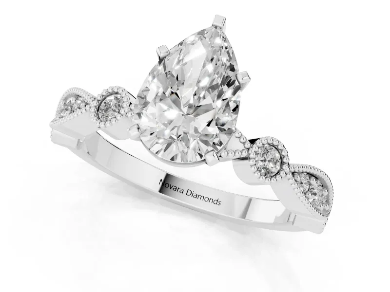 Pear Cut Diamond Solitaire Engagement Ring Set in Silver with Milgrain Bezel Accent Band