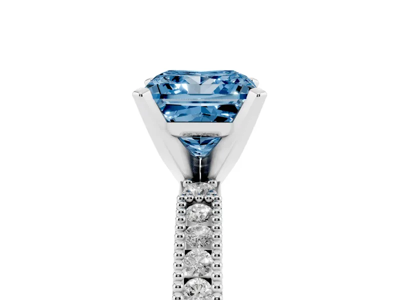 Fancy Blue Princess Cut Diamond Solitaire Ring Set in Silver with Slim Pavé Band and Prong Setting