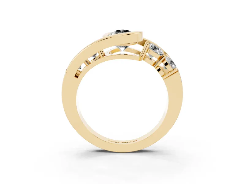 Fancy Black Pear Cut Diamond Bezel Bypass Ring Set in Yellow gold with Round Accents
