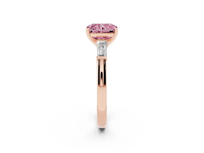 Fancy Pink Radiant Cut Diamond Solitaire Ring Set in Rose gold with Tapered Baguette Side Stones and Prong Setting