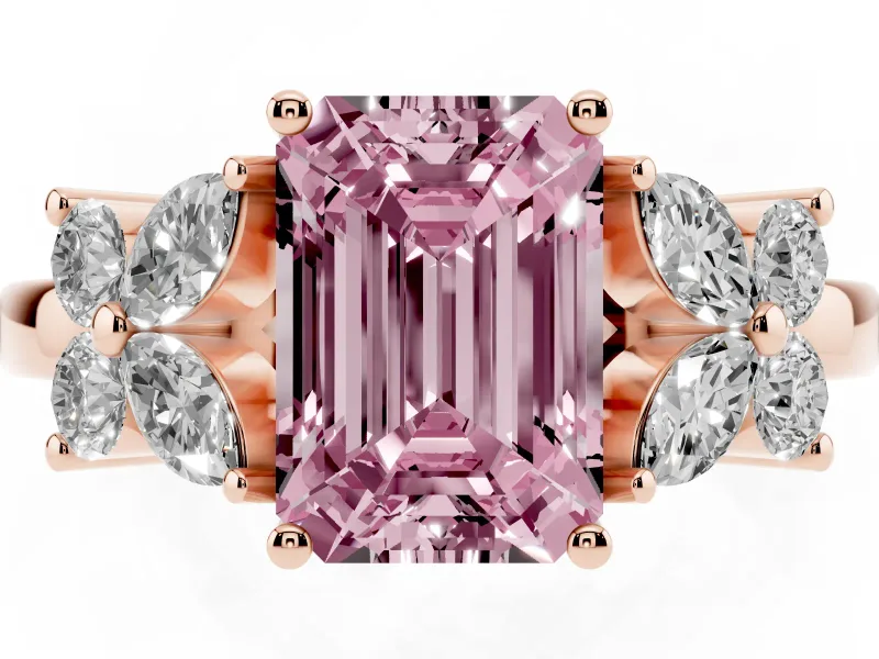 Fancy Pink Emerald Cut Diamond Floral Cluster Ring Set in Rose gold with Marquise Petals and Prong Setting