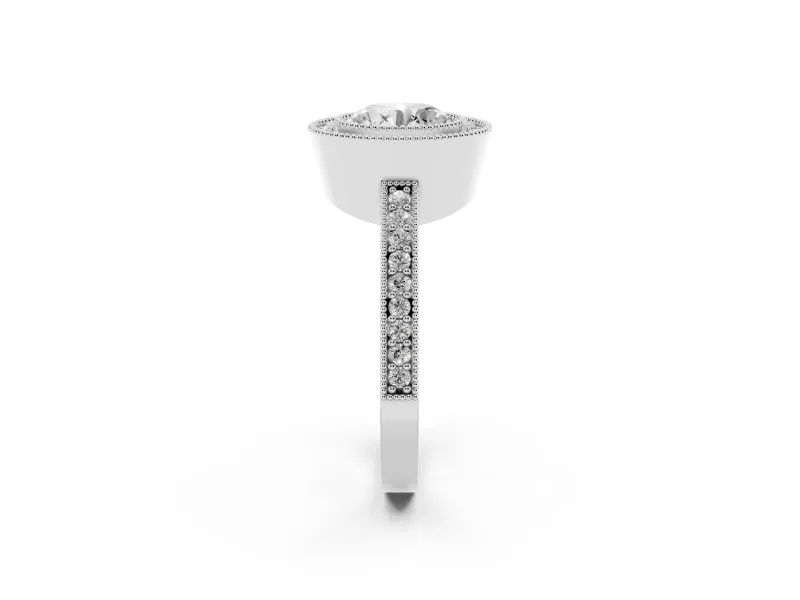 Round Cut Diamond Halo Engagement Ring Set in Silver with Pavé Band and Round Halo Stones