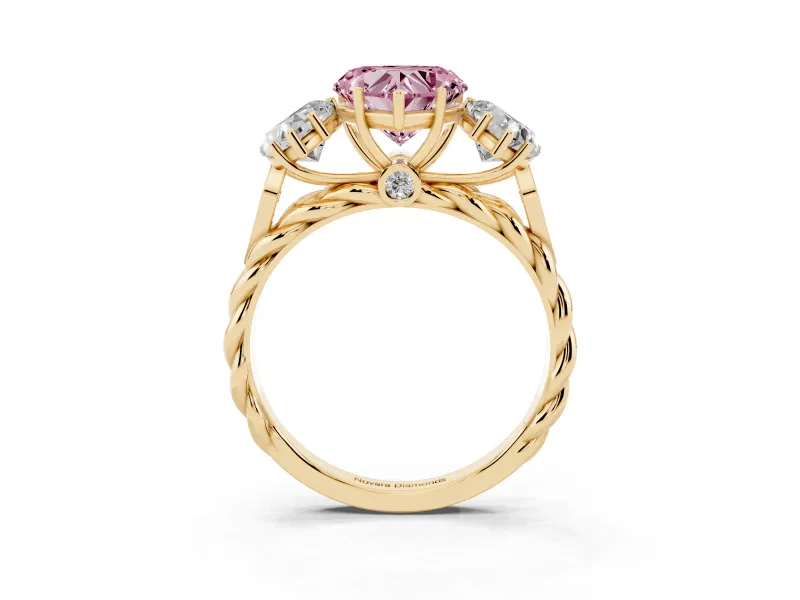 Heart-Shaped Three Stone Engagement Ring Setting for a Fancy Pink Lab-Grown Diamond | Braided Band | Yellow Gold