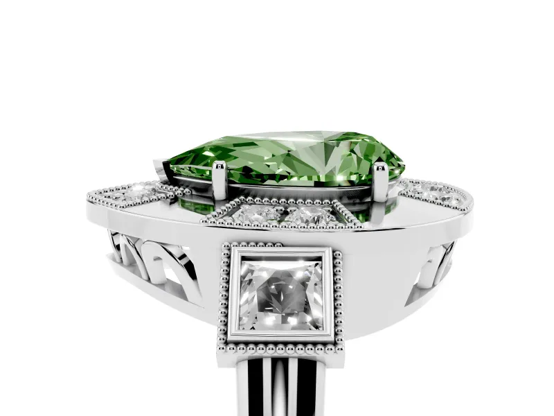 Fancy Green Pear Cut Diamond Milgrain Halo Ring Set in White gold with Split Shank