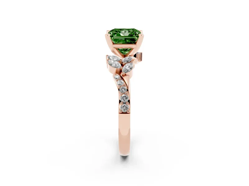 Fancy Green Princess Cut Diamond Solitaire Ring Set in Rose gold with Marquise Twist Band and Prong Setting