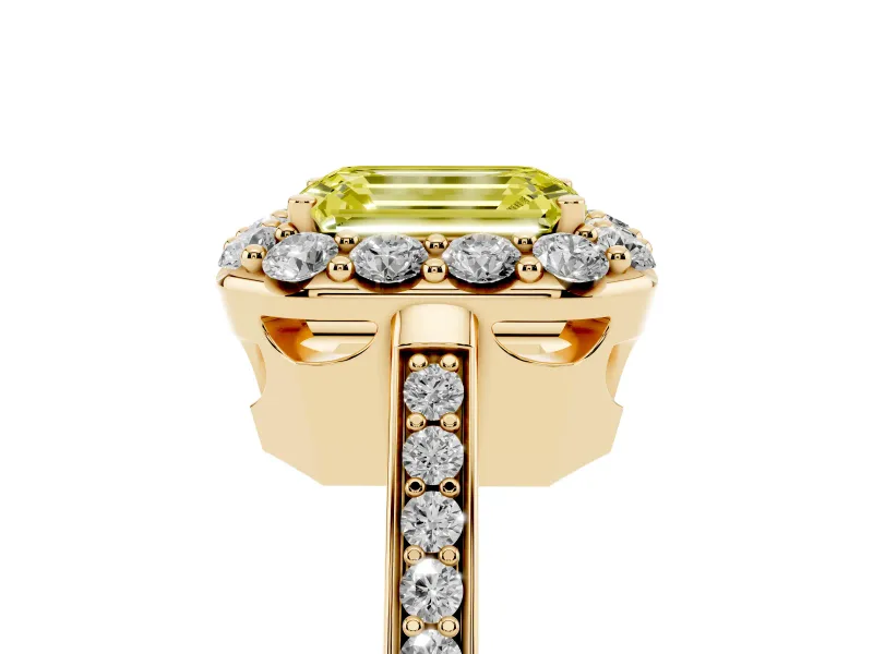 Fancy Yellow Emerald Cut Diamond Floral Halo Ring Set in Yellow gold with Pavé Band and Prong Setting