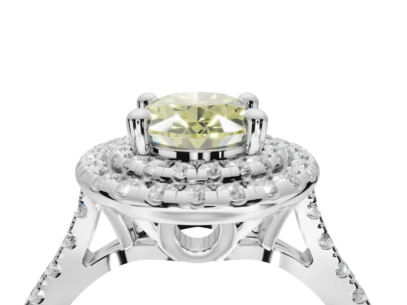 Canary Yellow Oval Lab-Grown Diamond Double Halo Statement Ring Set in White Gold with Pavé Band