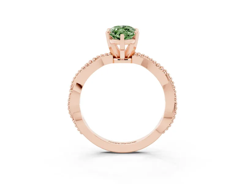 Fancy Green Marquise Cut Diamond Solitaire Ring Set in Rose gold with Twisted Band and Bead Prong Setting