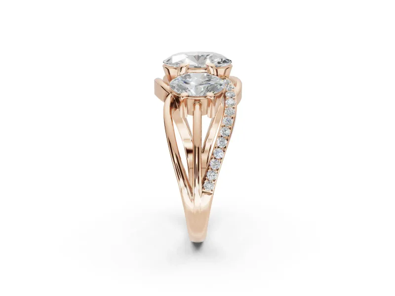 Oval Three Stone Split Shank Engagement Ring Setting | Matching Sides | Rose Gold