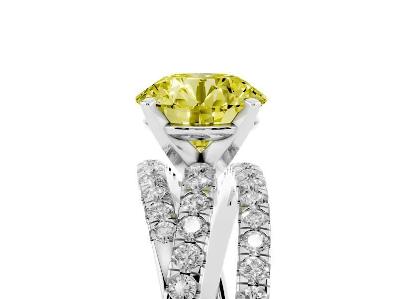 Fancy Yellow Round Cut Diamond Solitaire Twist Band Ring Set in Silver with Pavé Setting and Prong Head